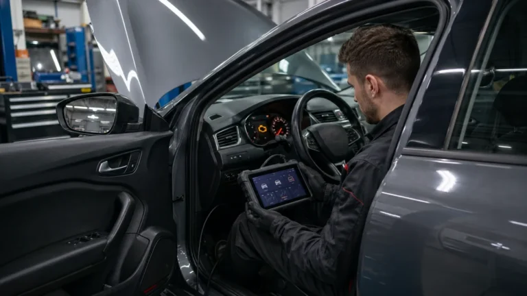 Mécanicien réalisant un diagnostic OBD sur une voiture Renault avec voyant moteur allumé en atelier.