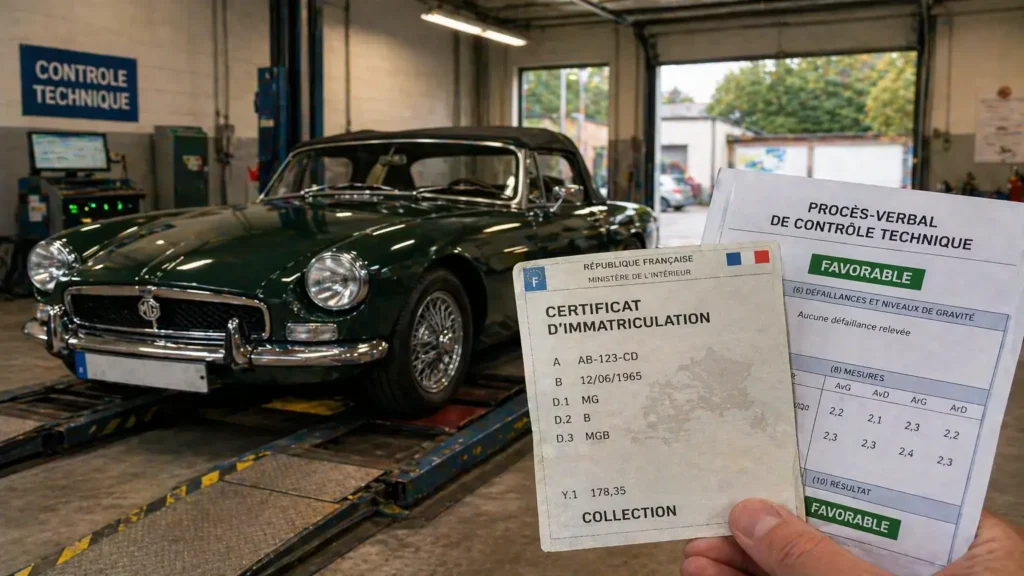 Voiture de collection dans un centre de contrôle technique avec certificat d’immatriculation présenté au premier plan