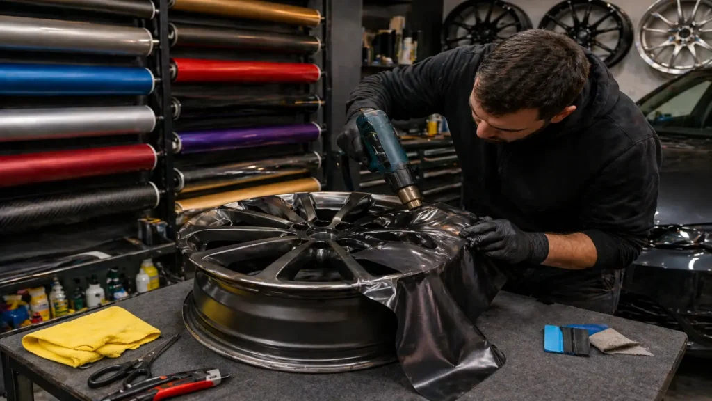 Pose d’un covering noir sur une jante de voiture dans un atelier automobile avec pistolet à chaleur et outils de préparation