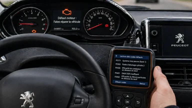 Tableau de bord de Peugeot 208 affichant un défaut moteur avec lecteur OBD branché pour diagnostiquer les codes défauts.