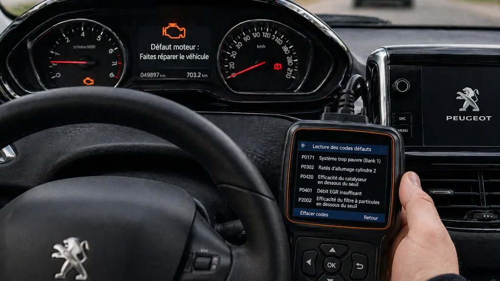 Tableau de bord de Peugeot 208 affichant un défaut moteur avec lecteur OBD branché pour diagnostiquer les codes défauts.