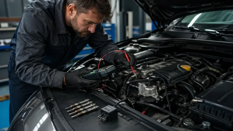 Mécanicien contrôlant le circuit de préchauffage d’un moteur diesel avec un multimètre dans un atelier automobile.