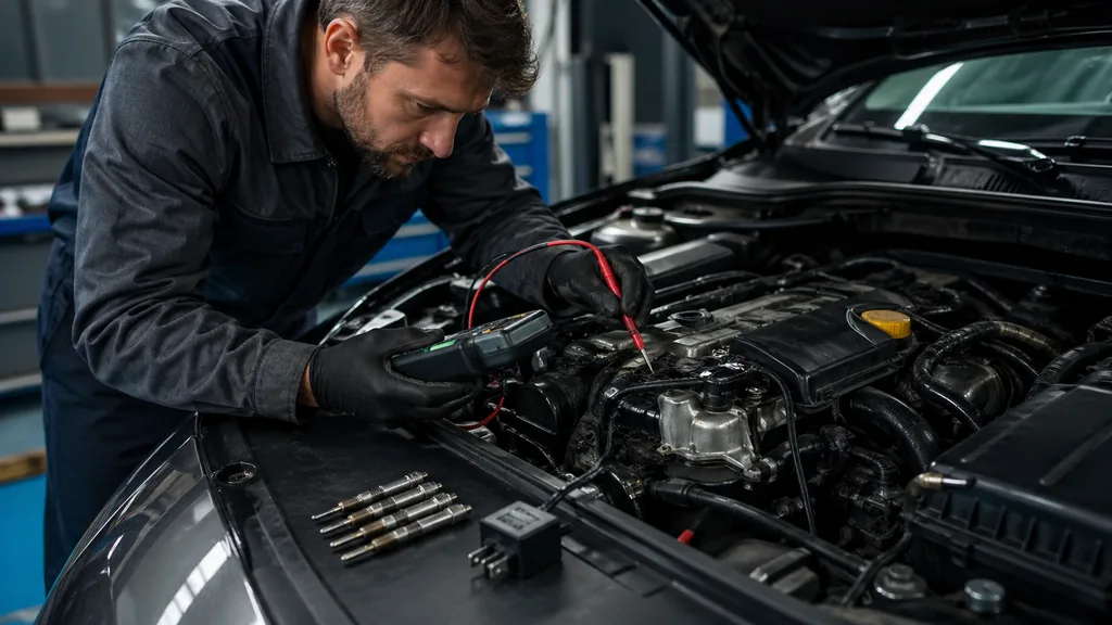 Mécanicien contrôlant le circuit de préchauffage d’un moteur diesel avec un multimètre dans un atelier automobile.