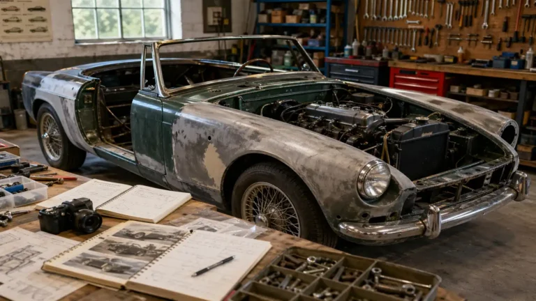 Voiture ancienne en cours de restauration dans un atelier, entourée d’outils, de pièces démontées et de notes de chantier