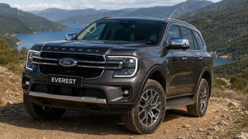 Ford Everest SUV tout-terrain sur une piste rocheuse en montagne avec lac en arrière-plan.