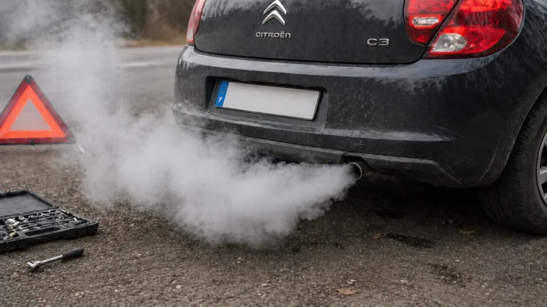 Voiture diesel dégageant une fumée blanche épaisse à l’échappement sur le bord de la route.