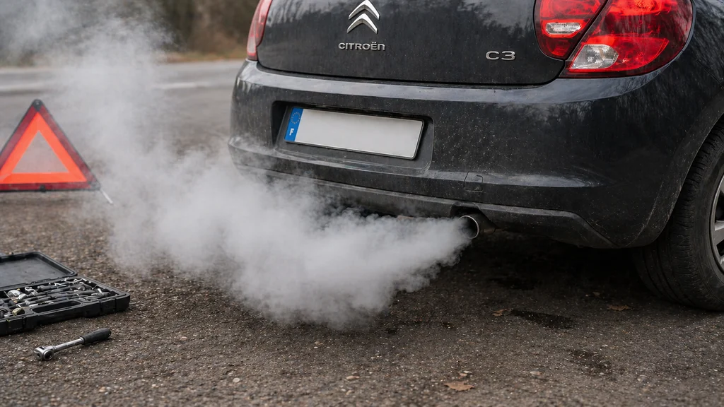Voiture diesel dégageant une fumée blanche épaisse à l’échappement sur le bord de la route.