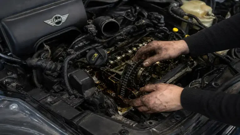 Mécanicien inspectant le moteur d’une Mini Cooper pour vérifier la fiabilité et les problèmes mécaniques courants.