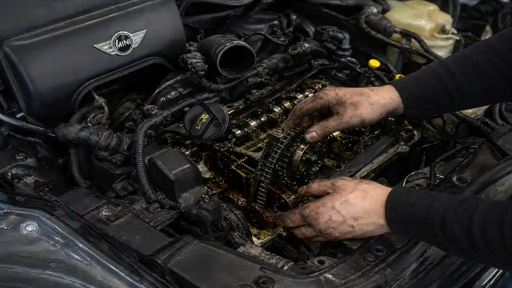 Mécanicien inspectant le moteur d’une Mini Cooper pour vérifier la fiabilité et les problèmes mécaniques courants.