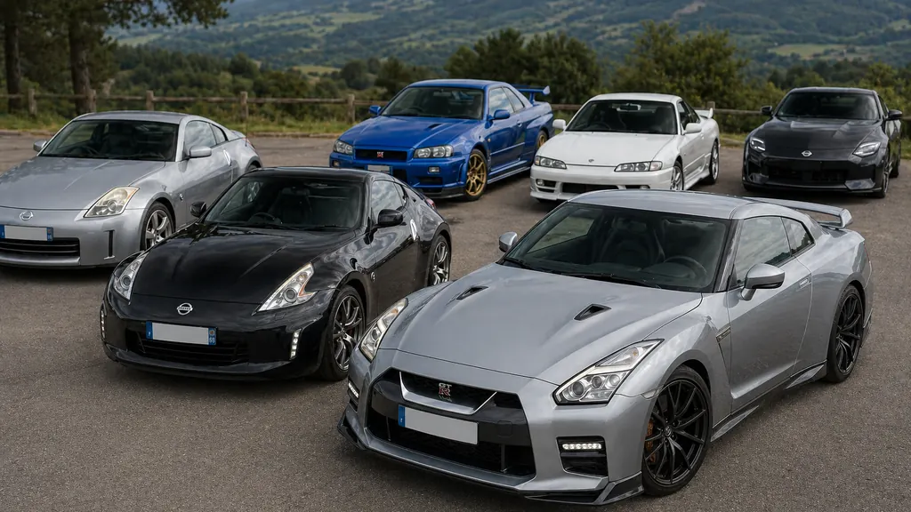 Rassemblement de voitures sportives Nissan GT-R, 370Z, 350Z et Skyline sur une route de campagne.