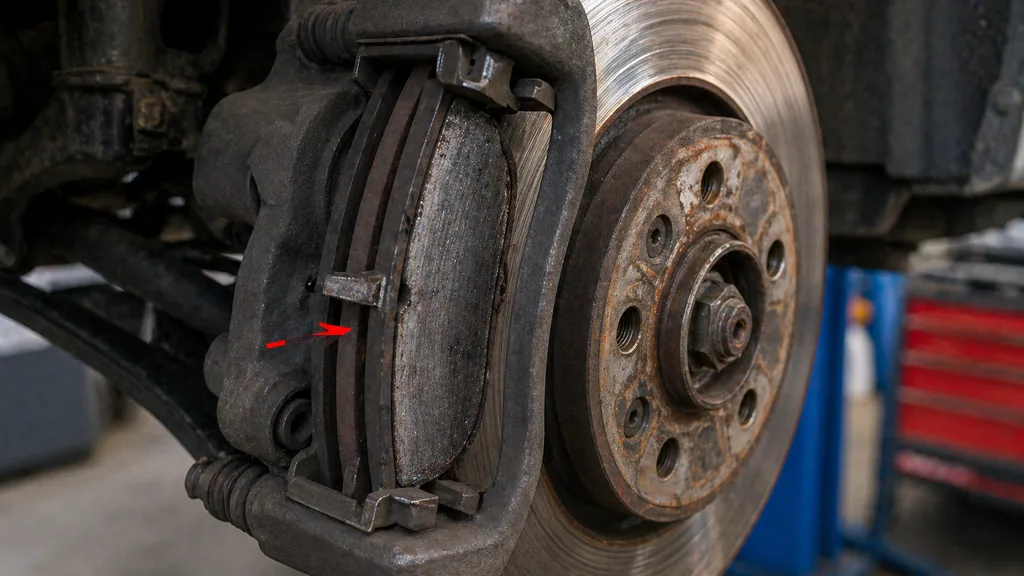 Gros plan sur une plaquette de frein usée et un disque de frein abîmé dans un atelier automobile.