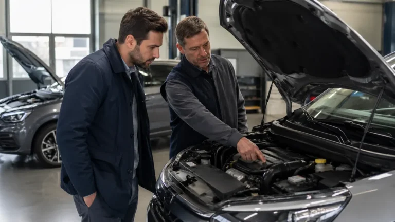 Client et mécanicien devant le moteur d’une voiture en atelier pour comparer une motorisation essence PureTech et diesel.