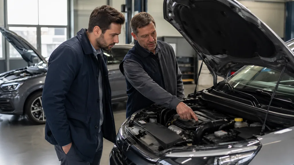 Client et mécanicien devant le moteur d’une voiture en atelier pour comparer une motorisation essence PureTech et diesel.