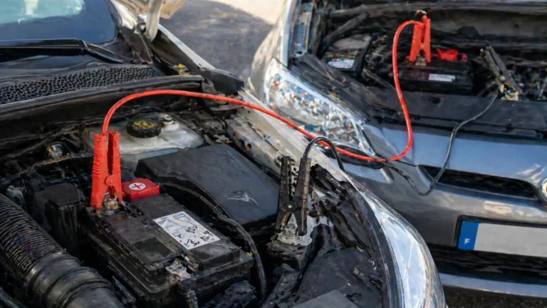 Câbles de démarrage branchés entre deux voitures capot ouvert pour dépanner une batterie 12V à plat