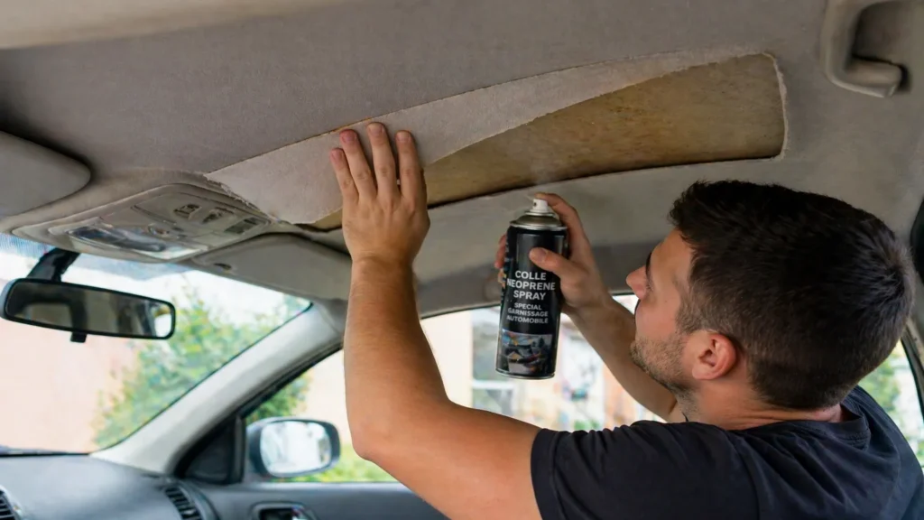 Recollage d’un ciel de toit décollé à l’intérieur d’une voiture avec application de colle en spray