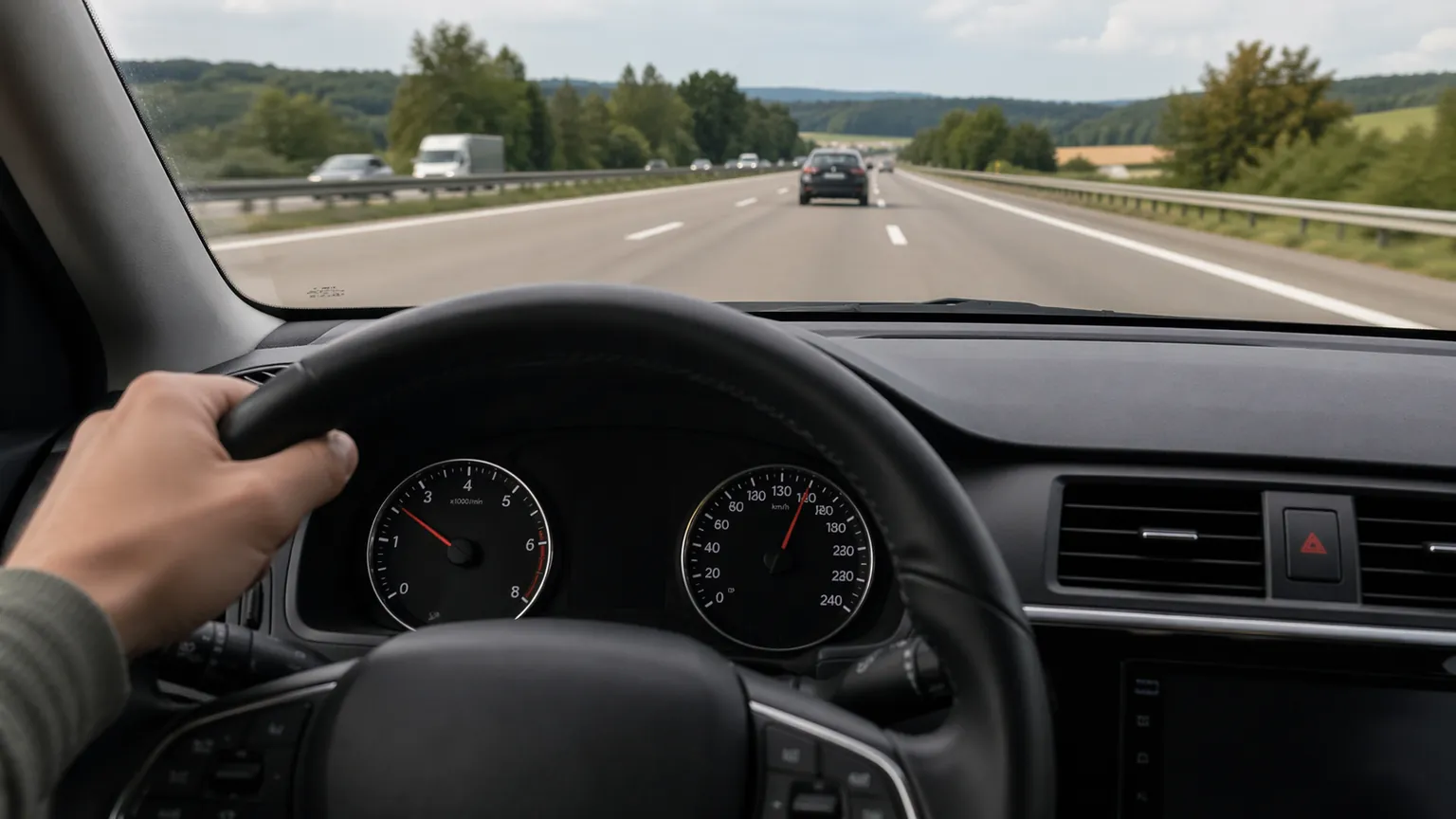 Vue conducteur sur autoroute à 130 km/h avec tableau de bord et compte-tours visibles depuis l’habitacle