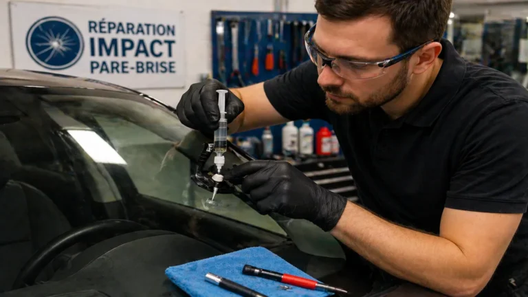 Réparation d’un impact de pare-brise en atelier avec injection de résine sur une vitre de voiture