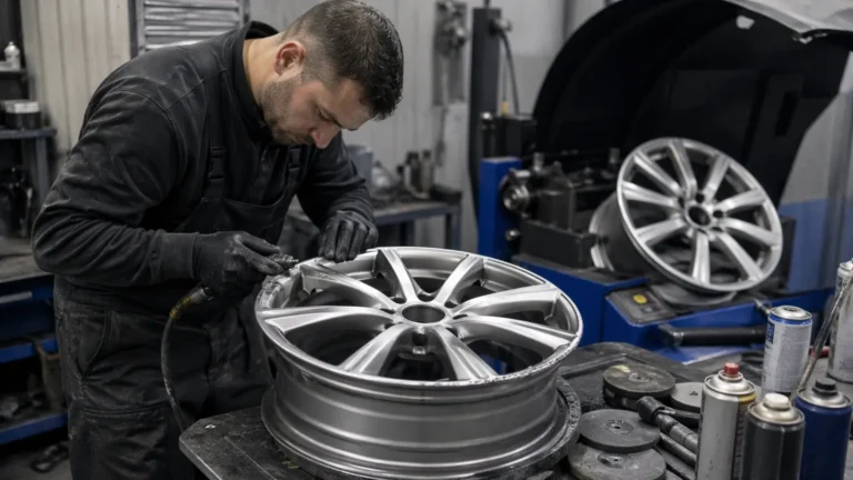 Professionnel en atelier en train de réparer une jante alu abîmée sur un établi avec outillage spécialisé