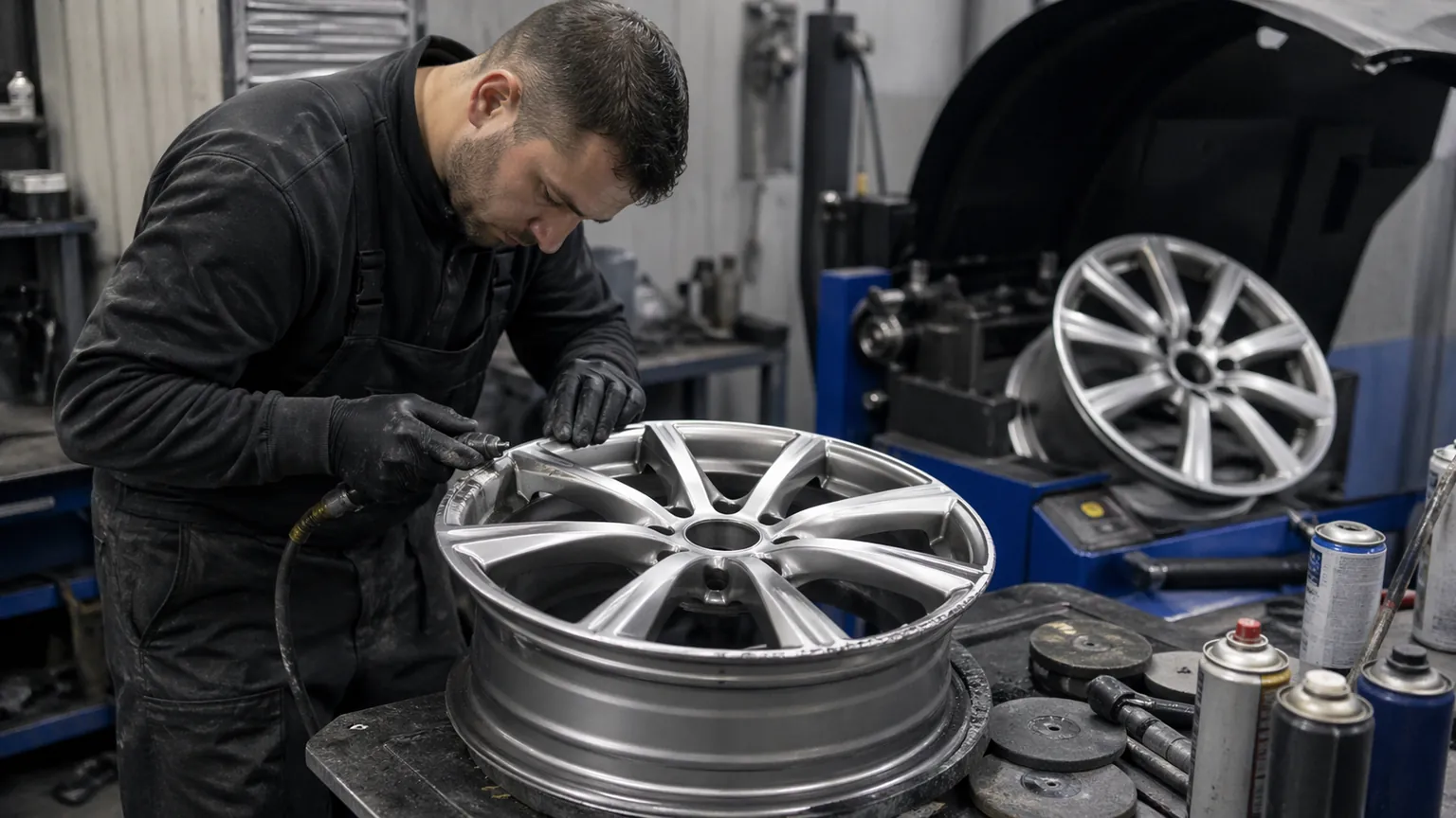Professionnel en atelier en train de réparer une jante alu abîmée sur un établi avec outillage spécialisé