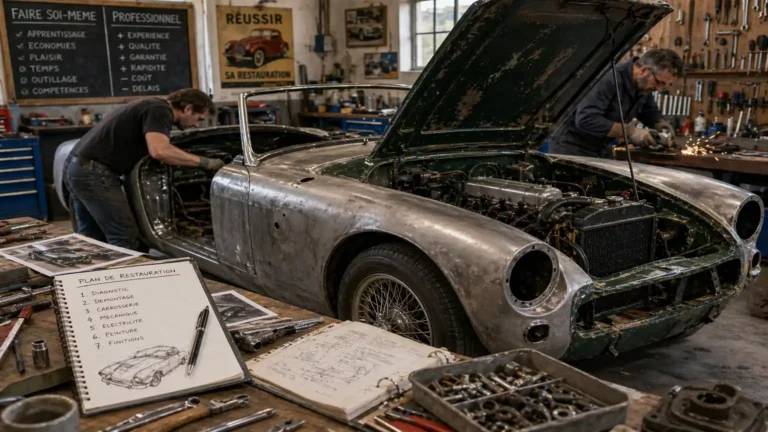 Restauration d’une voiture ancienne dans un atelier avec pièces démontées, outils et intervention manuelle sur la carrosserie et la mécanique