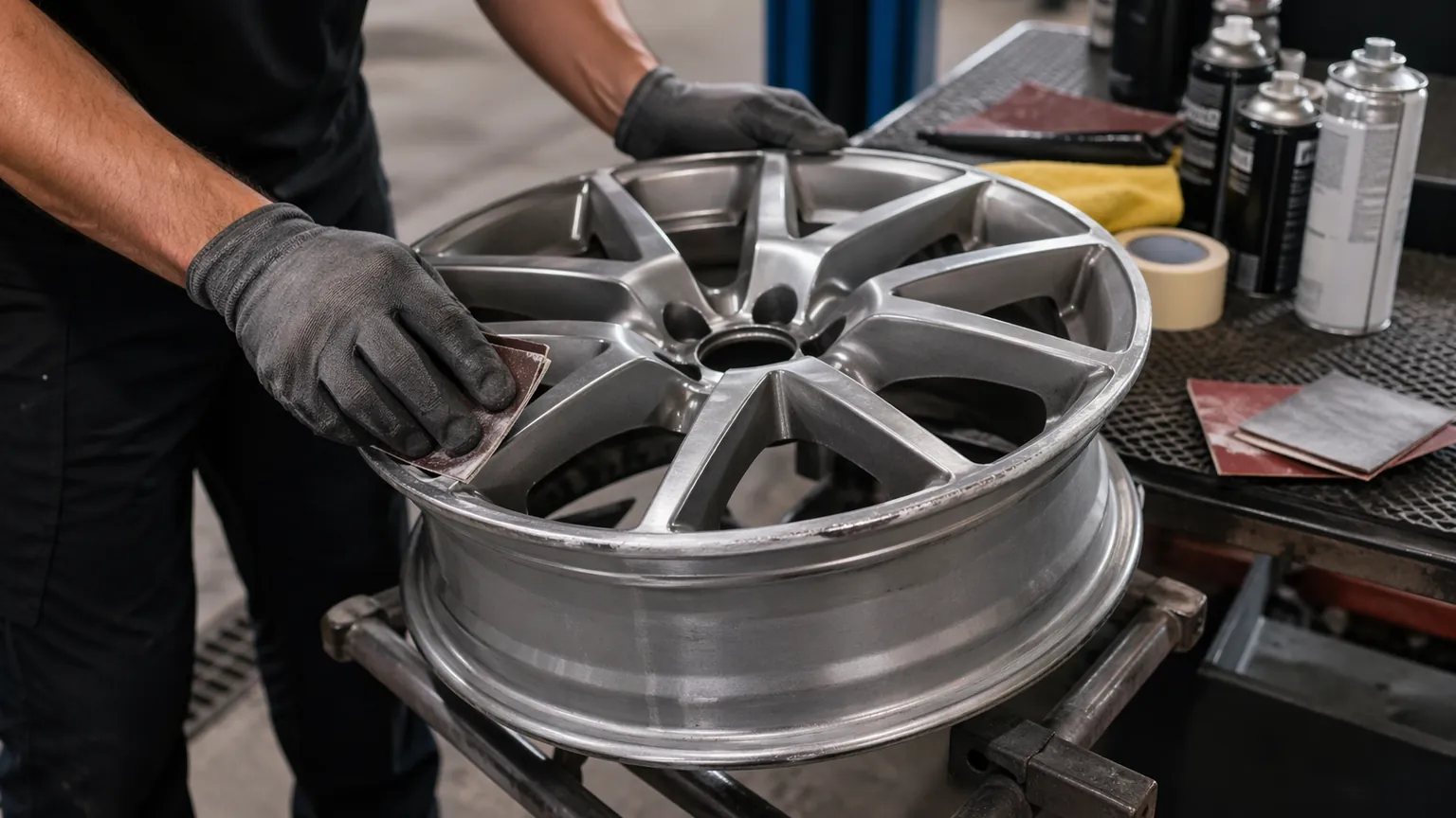 Ponçage d’une jante alu abîmée en cours de restauration dans un atelier automobile