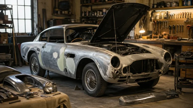 Voiture ancienne en cours de restauration dans un atelier automobile, capot ouvert et carrosserie partiellement poncée