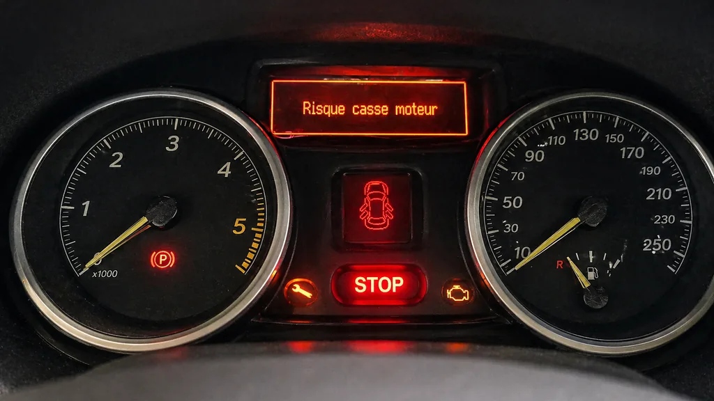 Tableau de bord de Renault Mégane 3 affichant une alerte risque casse moteur avec voyant STOP rouge.