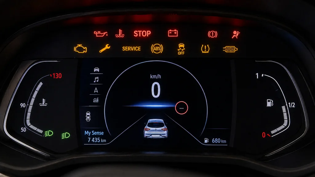 Tableau de bord Renault Clio 5 avec voyants rouges et orange allumés signalant une alerte moteur et sécurité.