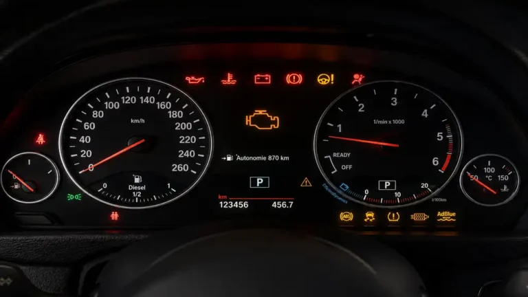 Tableau de bord BMW avec voyants rouges et orange allumés signalant des alertes moteur, freinage et sécurité.