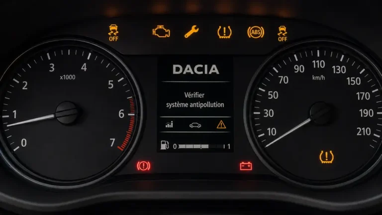 Tableau de bord Dacia Sandero avec voyants orange allumés signalant une anomalie moteur, ESP ou pression des pneus.
