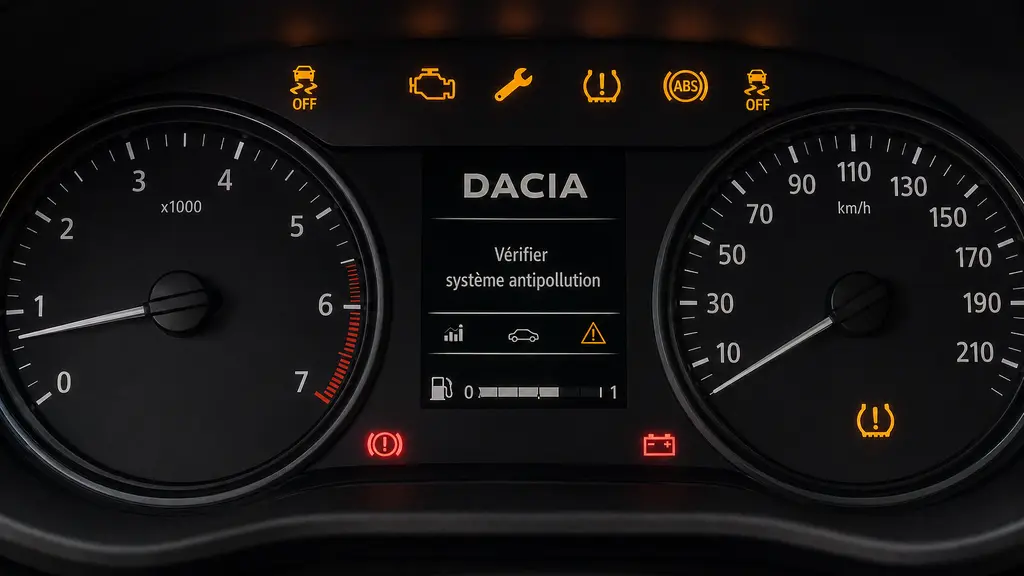Tableau de bord Dacia Sandero avec voyants orange allumés signalant une anomalie moteur, ESP ou pression des pneus.