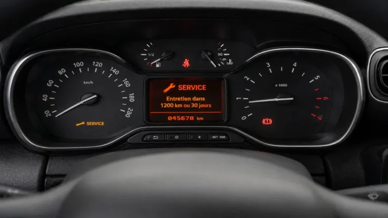 Tableau de bord Citroën C3 affichant le voyant Service avec une alerte d’entretien à prévoir.