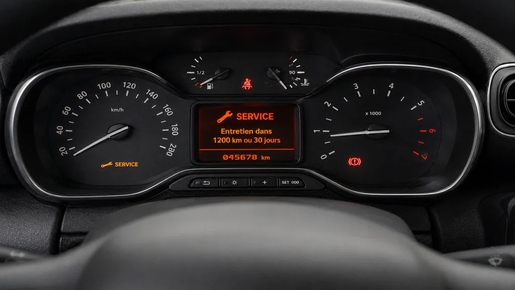 Tableau de bord Citroën C3 affichant le voyant Service avec une alerte d’entretien à prévoir.