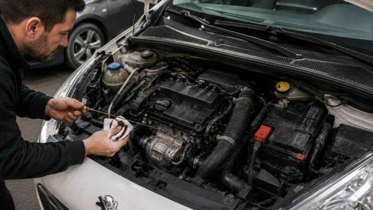 Inspection du niveau d’huile sur un moteur 1.2 VTi 82 Peugeot avant achat occasion.