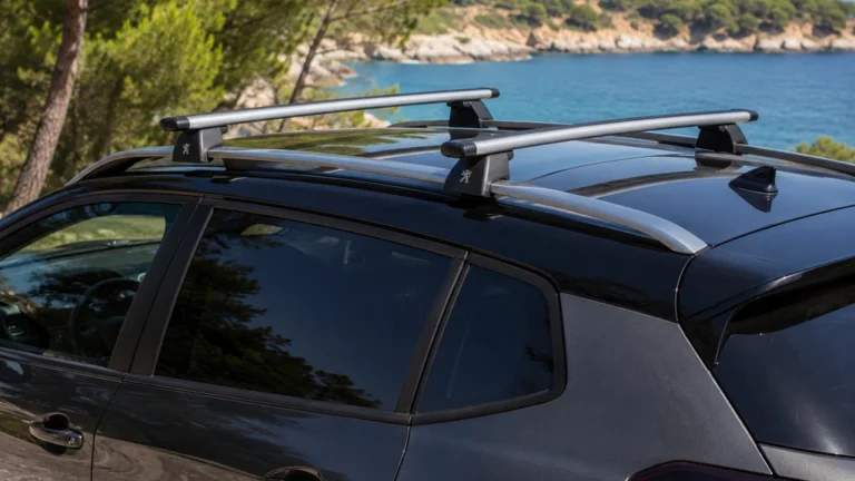 Barres de toit installées sur une Peugeot 2008 pour transporter un coffre ou des accessoires de voyage