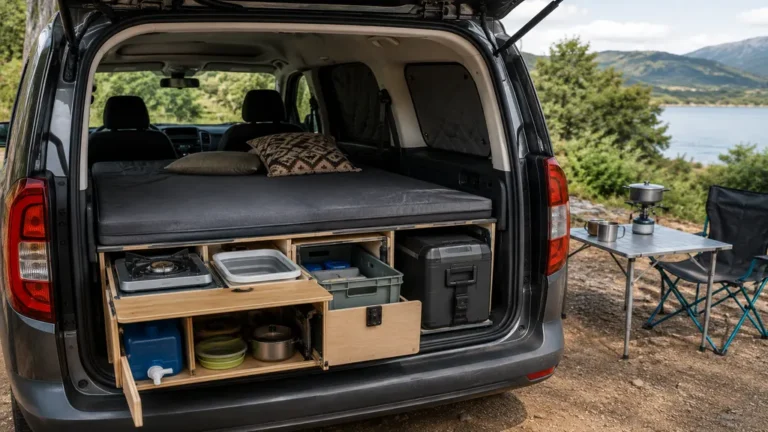 Berlingo aménagé en van avec couchage, rangements et tiroir cuisine pour voyager en autonomie.