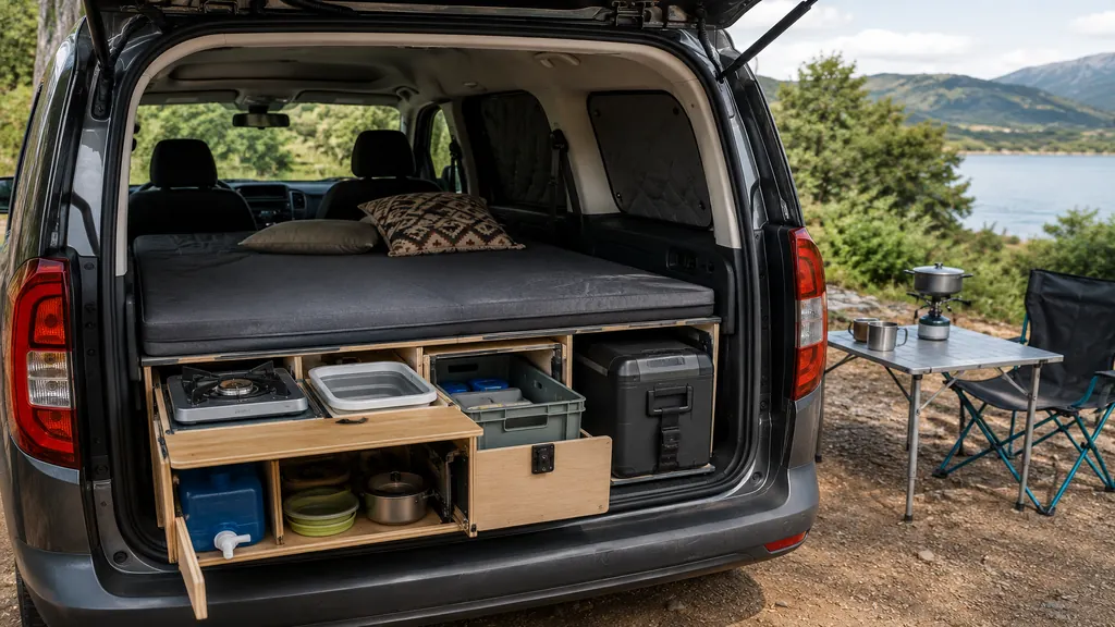 Berlingo aménagé en van avec couchage, rangements et tiroir cuisine pour voyager en autonomie.