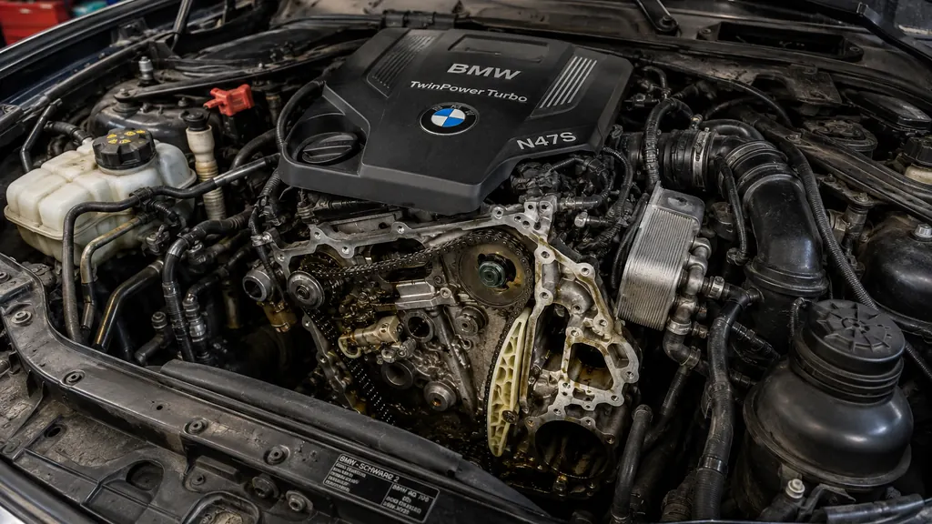 Moteur BMW N47S ouvert dans un atelier avec chaîne de distribution visible lors d’un diagnostic mécanique.