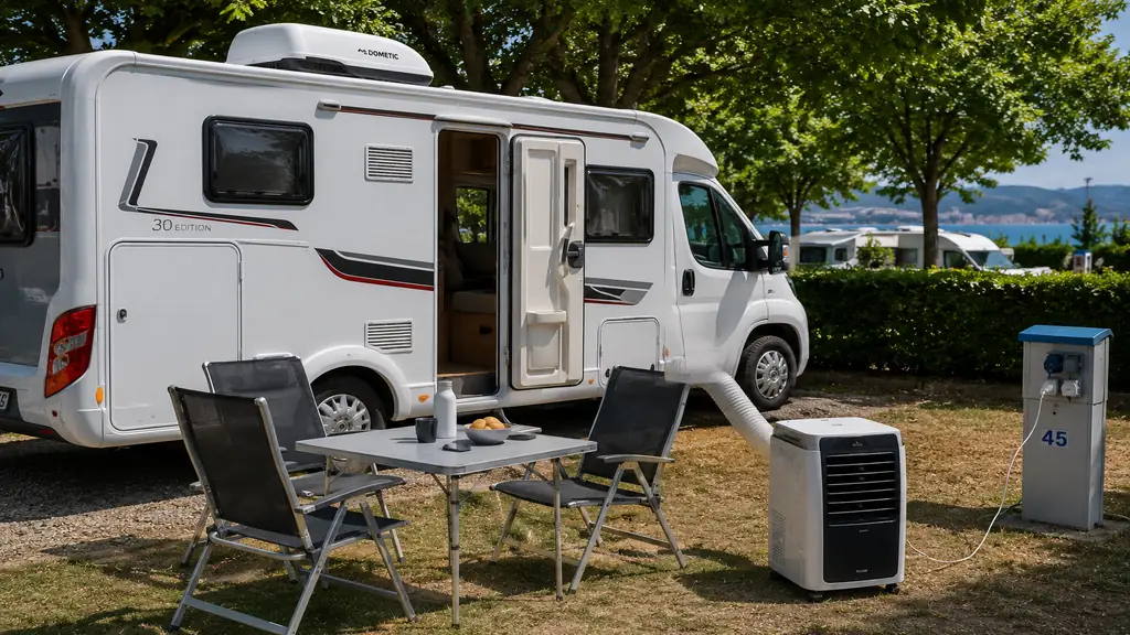 Camping-car climatisé avec climatiseur portable branché sur borne électrique en camping.