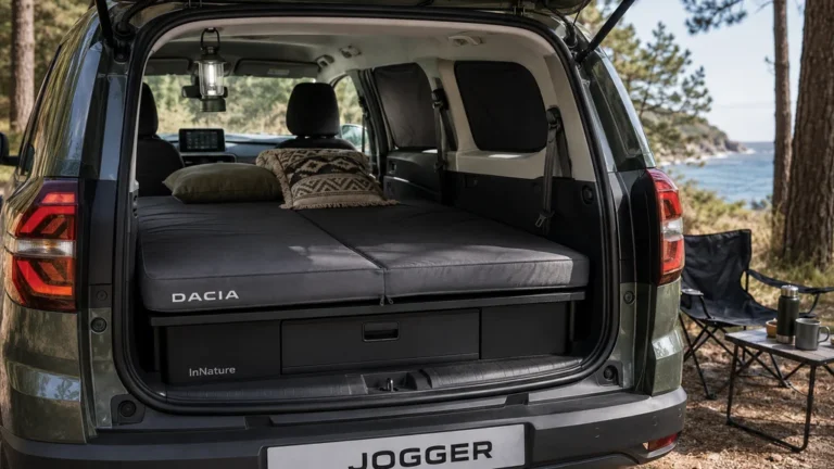 Dacia aménagé en camper avec couchage dans le coffre pour un voyage en pleine nature.