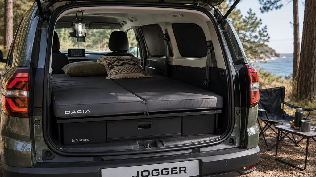 Dacia aménagé en camper avec couchage dans le coffre pour un voyage en pleine nature.