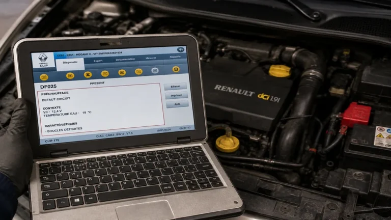 Diagnostic du code défaut DF025 Renault sur moteur diesel avec valise de préchauffage en atelier automobile.