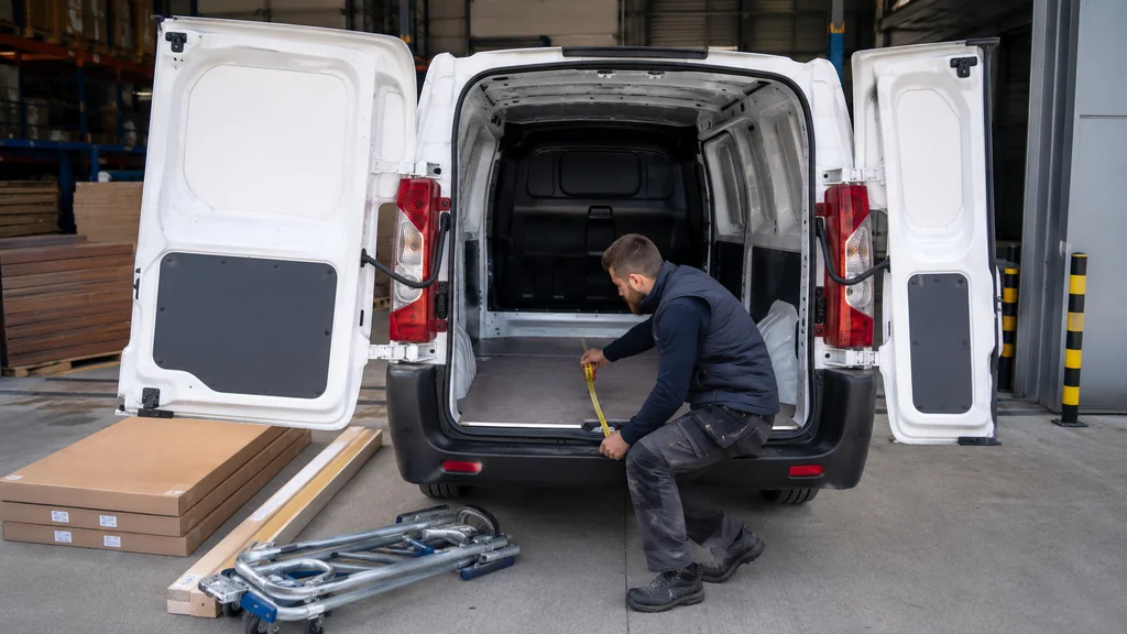 Mesure des dimensions utiles d’un Peugeot Expert dans la zone de chargement arrière d’un utilitaire blanc