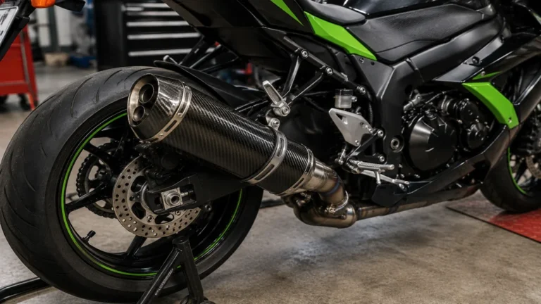 Échappement Devil carbone monté sur une moto sportive en atelier