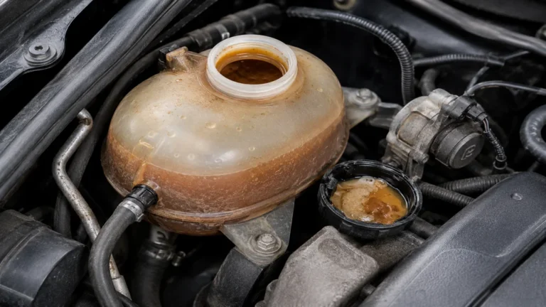Vase d’expansion avec liquide de refroidissement marron et dépôt huileux dans un moteur de voiture.