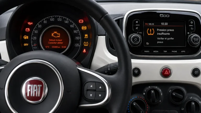 Tableau de bord Fiat 500 avec voyants moteur, ABS et pression des pneus allumés pendant un diagnostic automobile.