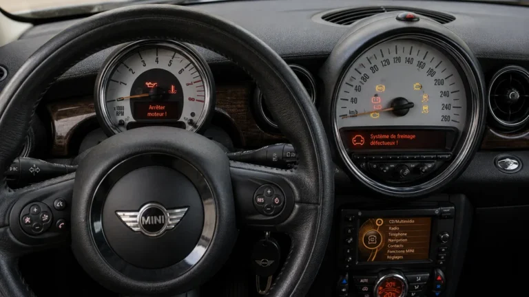Tableau de bord d’une Mini Cooper R56 avec voyants rouges et orange allumés signalant une alerte moteur et freinage.