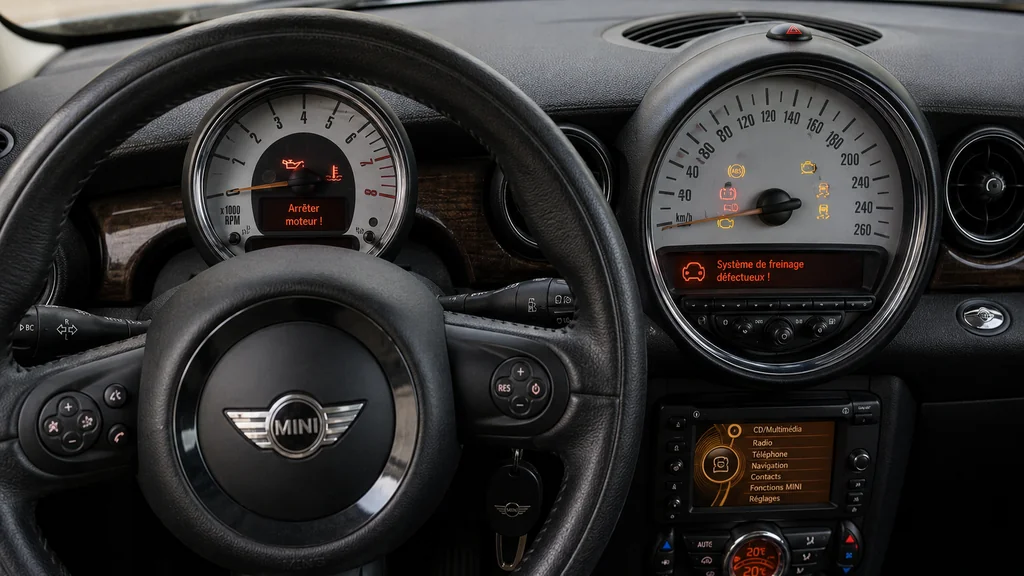 Tableau de bord d’une Mini Cooper R56 avec voyants rouges et orange allumés signalant une alerte moteur et freinage.