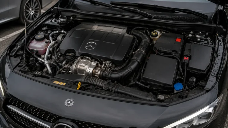 Moteur de Mercedes Classe A 200 avec capot ouvert pour identifier l’origine Renault ou Mercedes du bloc moteur.