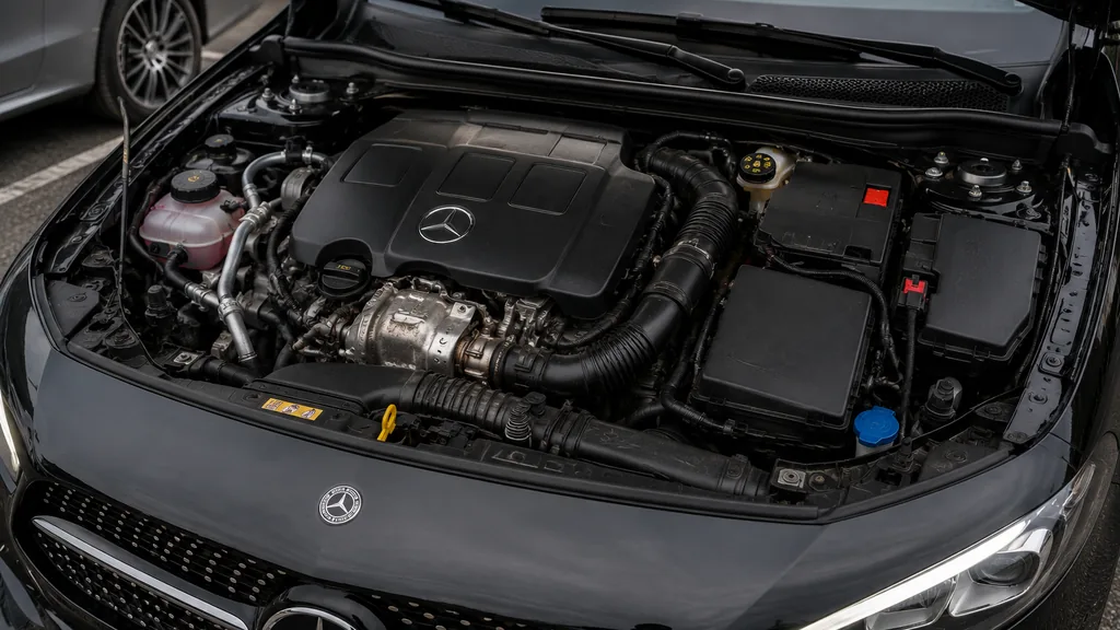 Moteur de Mercedes Classe A 200 avec capot ouvert pour identifier l’origine Renault ou Mercedes du bloc moteur.